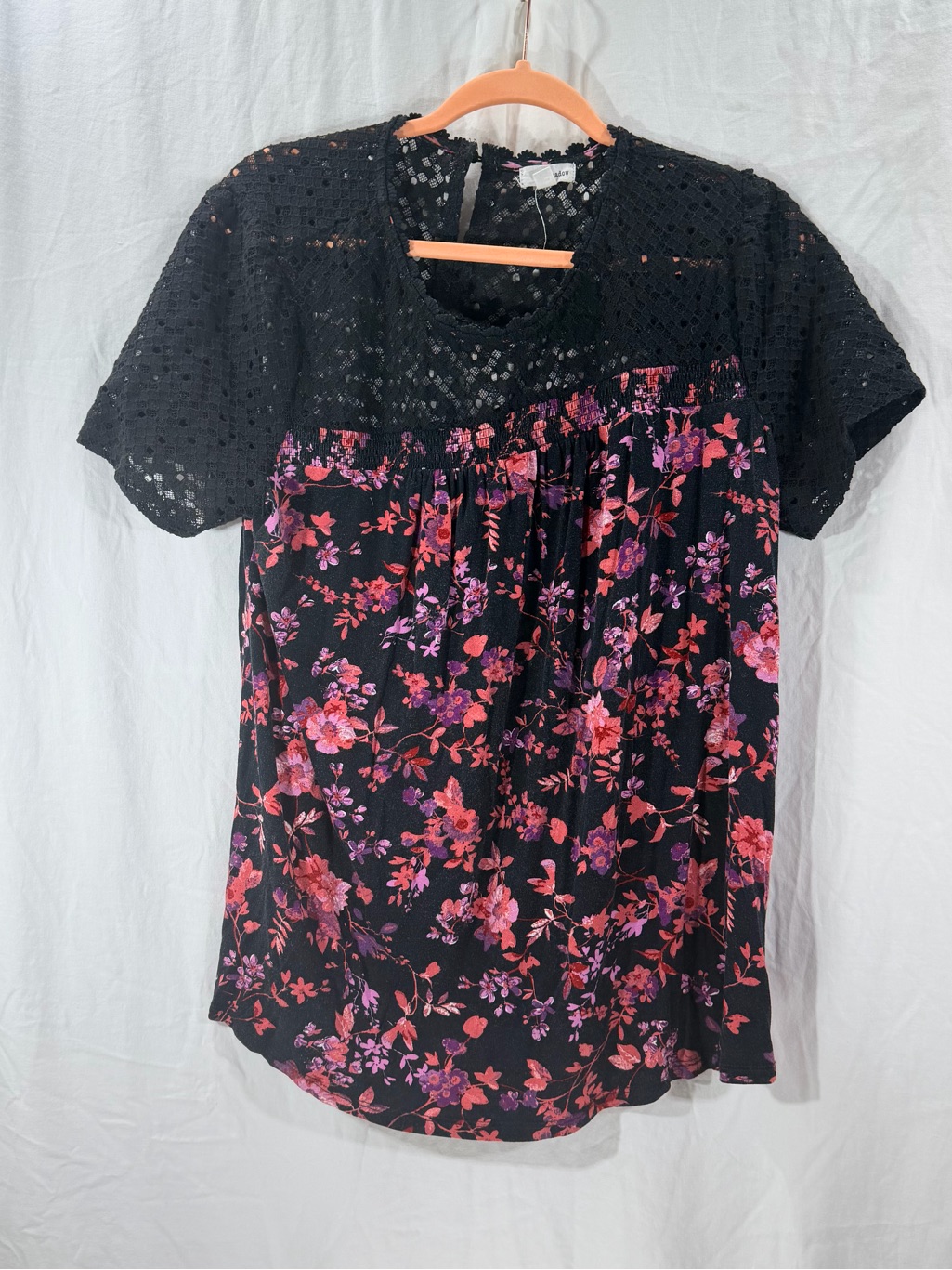 Eyeshadow Black Floral Lace Yoke Blouse With Pink And Purple Blooms